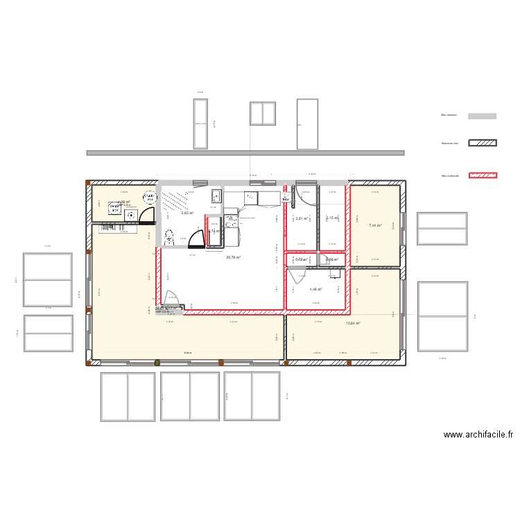 zelande 13  situation existante rouge mur alignés colonne. Plan de 13 pièces et 92 m2