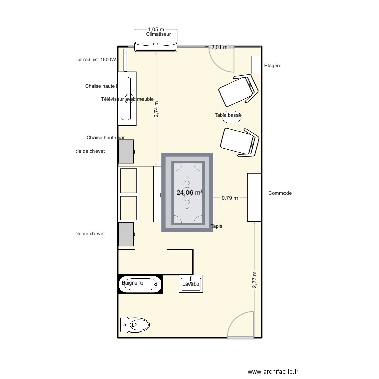 Chambre Jeannine. Plan de 1 pièce et 24 m2