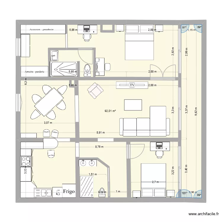 bourg cr&egrave;ve coeur recifi&eacute;. Plan de 1  et 92 m²