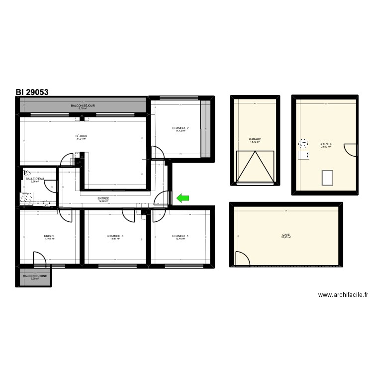 BI 29053. Plan de 15 pièces et 179 m2