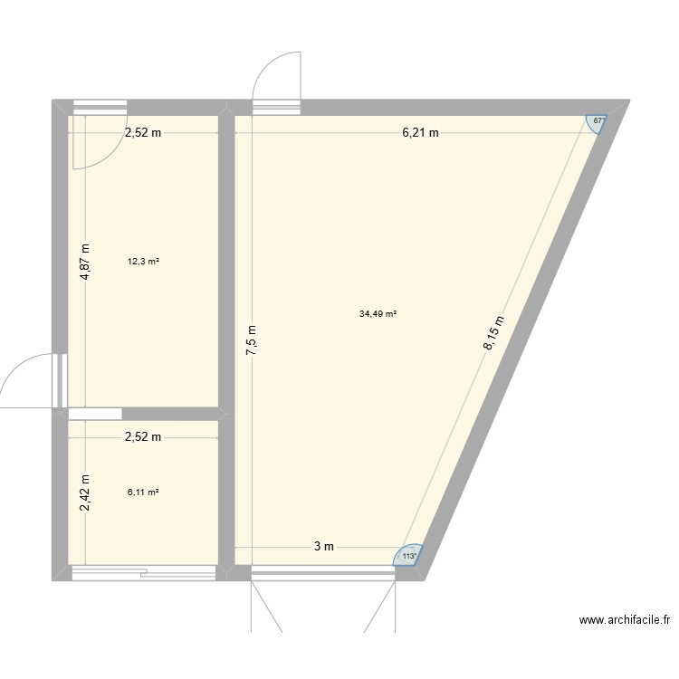 surface quéven. Plan de 3 pièces et 53 m2