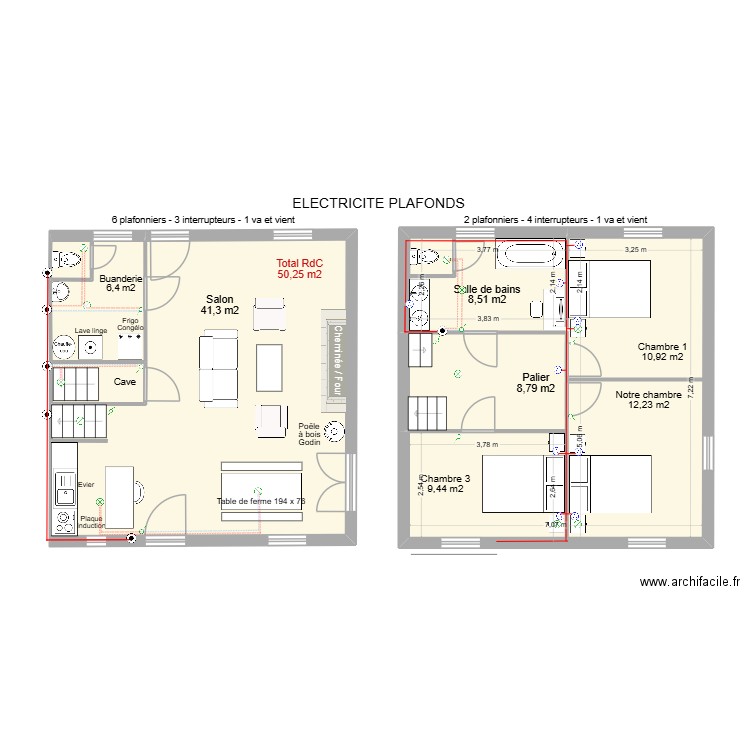 Electricité plafonds. Plan de 5 pièces et 100 m2