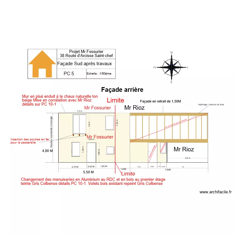 PC 5  Fa&ccedil;ade Sud apr&egrave;s travaux avec d&eacute;tails Florian. Plan de 