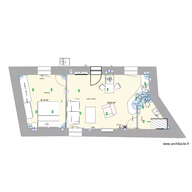 appart mur et cloison. Plan de 2 pièces et 39 m²