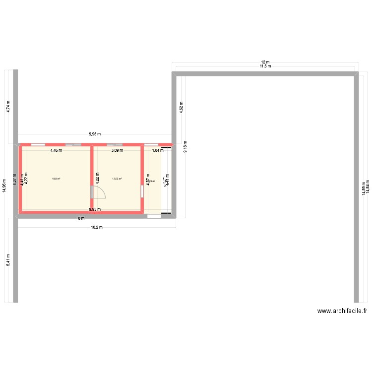 Extension. Plan de 3 pièces et 41 m2