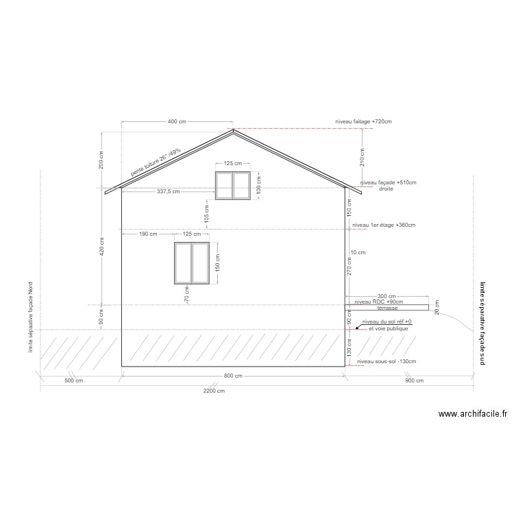 maison Douvres  / plan projet réhausse /façade Ouest. Plan de 0 pièce et 0 m2