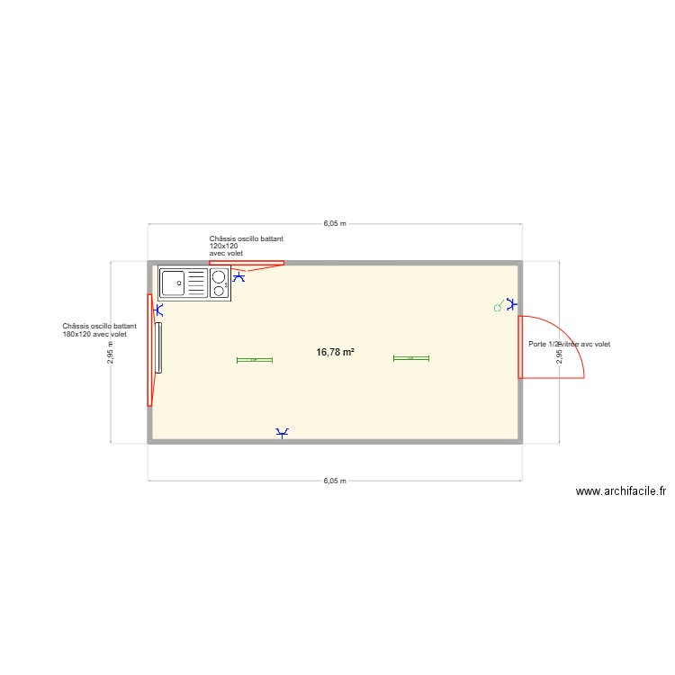 Thierry v2. Plan de 1 pièce et 17 m2