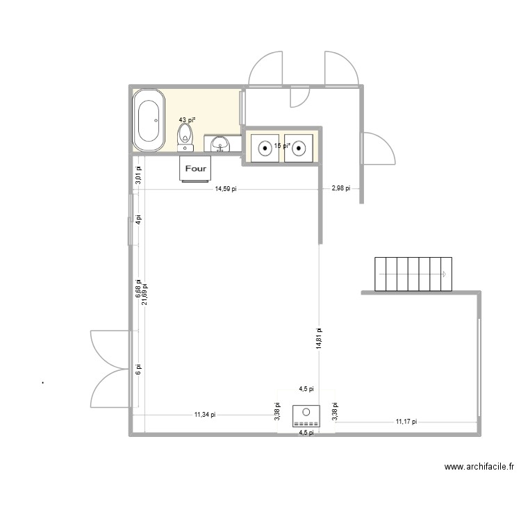 Cuisine, salle à manger et salon 2. Plan de 2 pièces et 5 m2