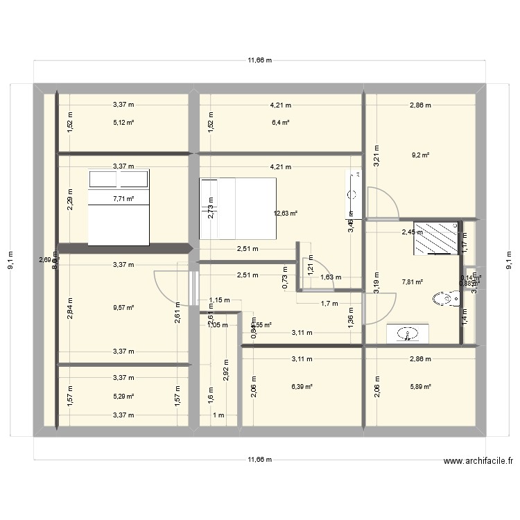 R2_essaie_2025. Plan de 14 pièces et 89 m2
