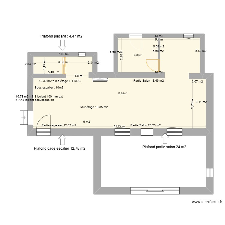 Salon + véranda. Plan de 2 pièces et 55 m2