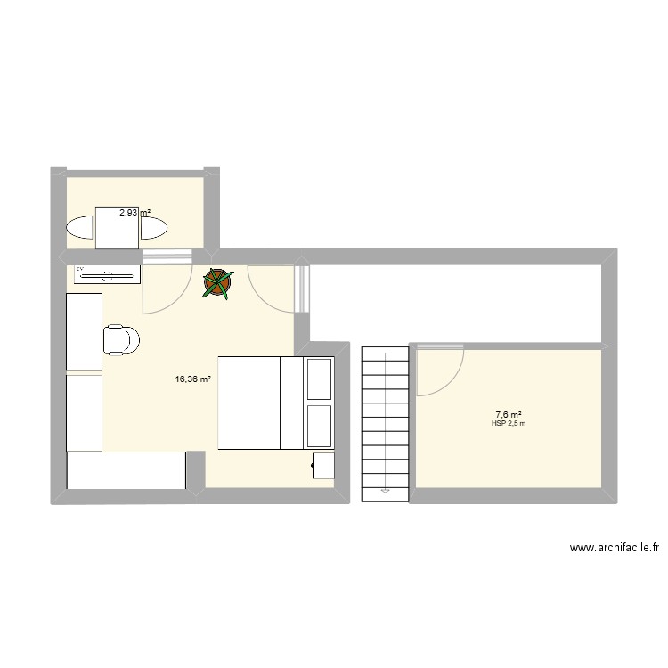 chambre amis. Plan de 3 pièces et 27 m2