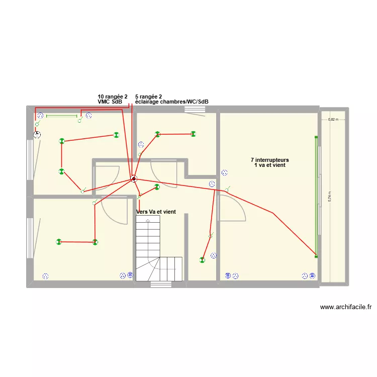 Eclairage et interrupteurs Etage. Plan de 6 pièces et 56 m²