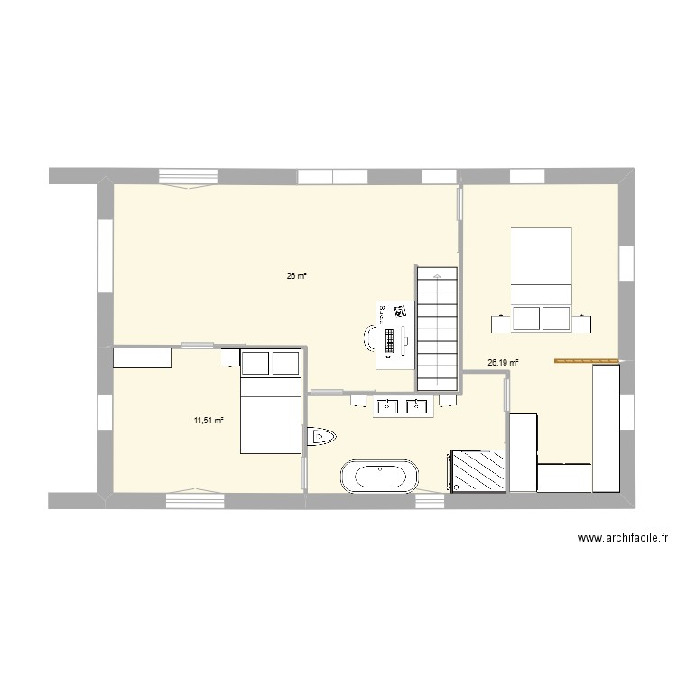 Nouvel étage sans aménagements_et nouvelle longueur. Plan de 8 pièces et 63 m2