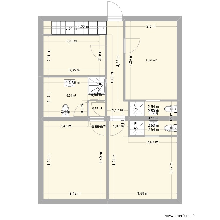 1er Etage Haverts. Plan de 5 pièces et 66 m2