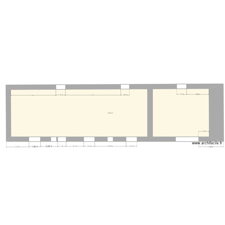 Plan de l'existant facade coté. Plan de 1 pièce et 135 m2