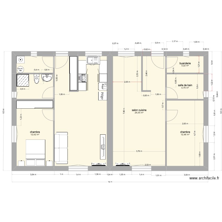 plan T2. Plan de 8 pièces et 100 m2