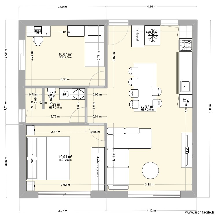 MAISON GARRAGE CUISINE 1. Plan de 4 pièces et 56 m2