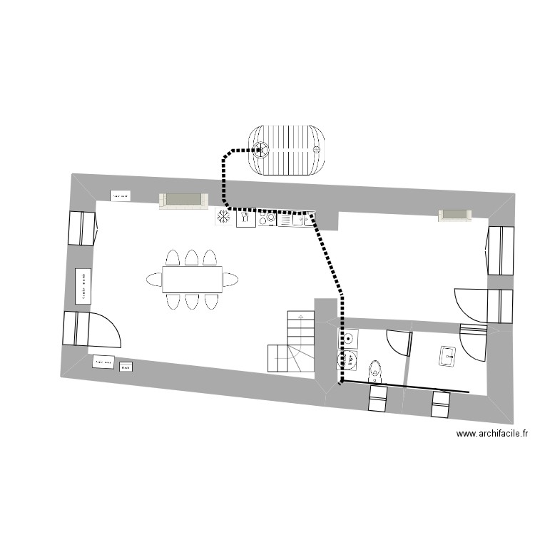 Maison R D C plomberie. Plan de 3 pièces et 57 m2