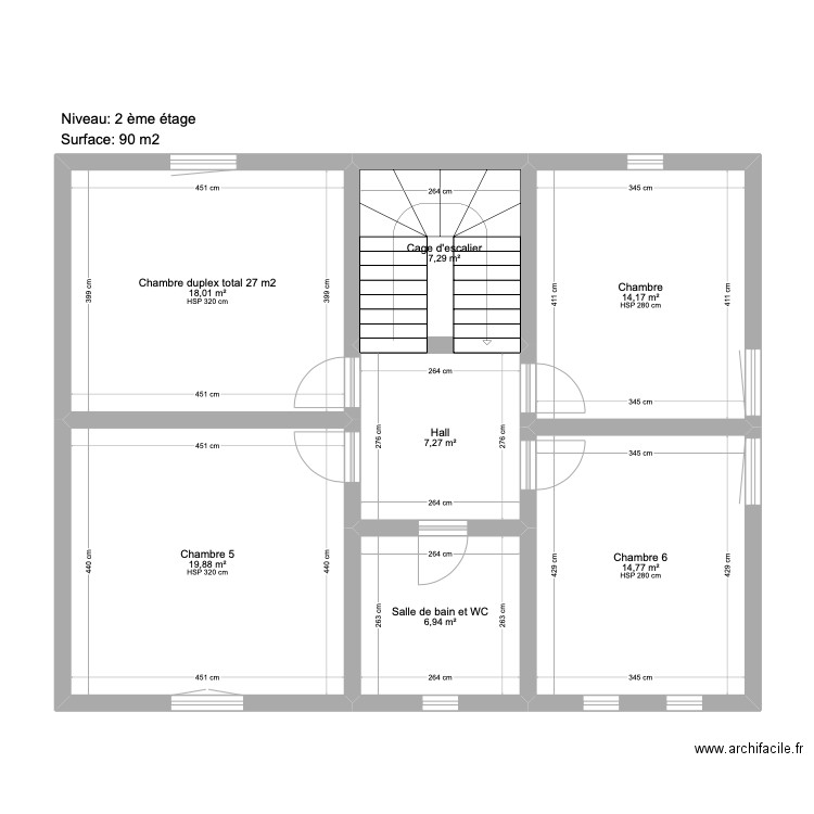 Plan 2eme étage. Plan de 7 pièces et 88 m2