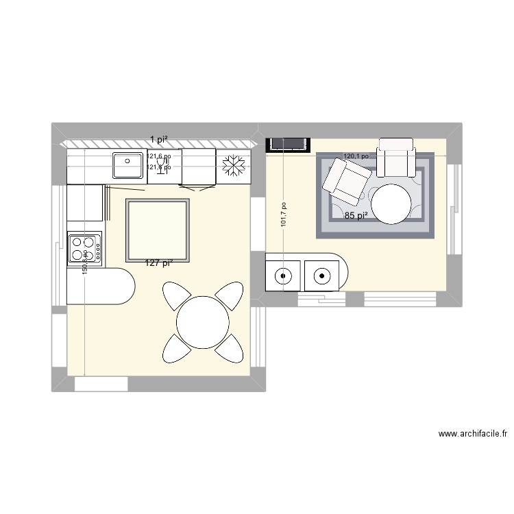 Cuisine milieu version 2. Plan de 3 pièces et 20 m2
