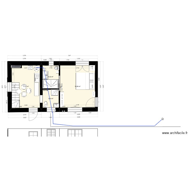 MAISON AGRANDISSEMENT. Plan de 4 pièces et 38 m2