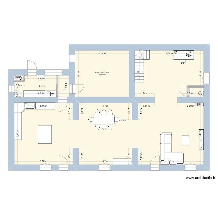RDC Projet 1. Plan de 3 pièces et 142 m2