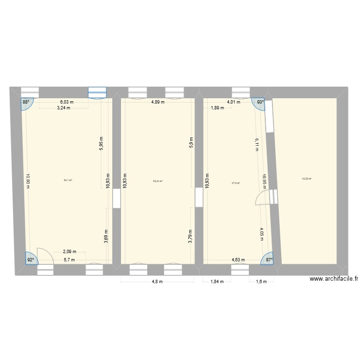Bureaux administratif surface modifiée. Plan de 4 pièces et 208 m2