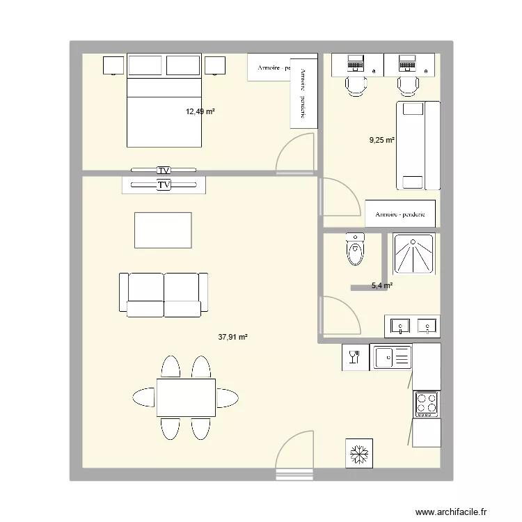 Maison Riviere Cuisine ouverte. Plan de 4  et 65 m²