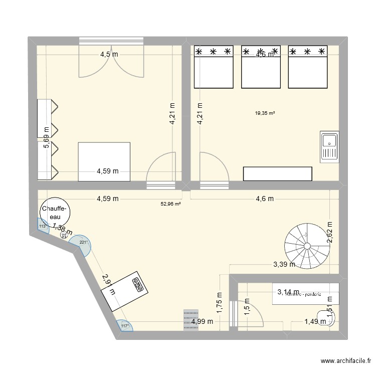 Plan Cave. Plan de 2 pièces et 72 m2