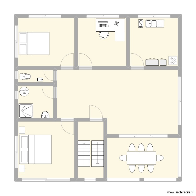Etages 1 et 2-3 niveaux. Plan de 9 pièces et 90 m2