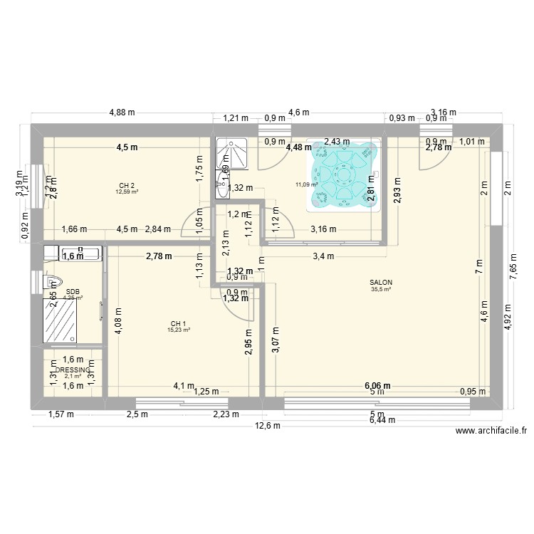 plan sans meuble rdc maison Sillans salon ch1+ch2 indice b +spa. Plan de 6 pièces et 81 m2