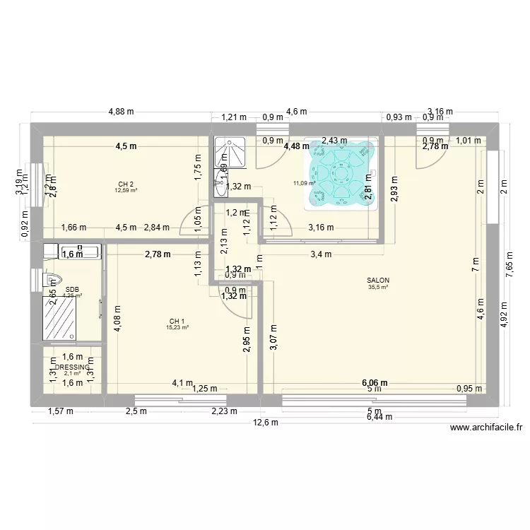 plan sans meuble rdc maison Sillans salon ch1+ch2 indice b +spa. Plan de 6  et 81 m²