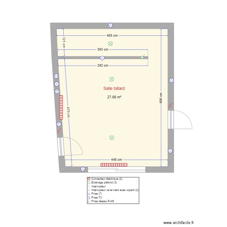 Salle billard. Plan de 1 pièce et 28 m2