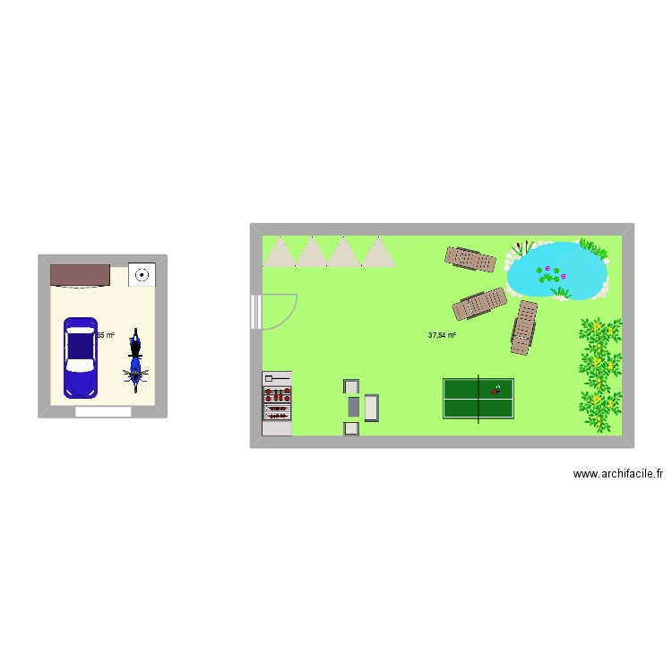 jardin et garage. Plan de 2 pièces et 45 m2