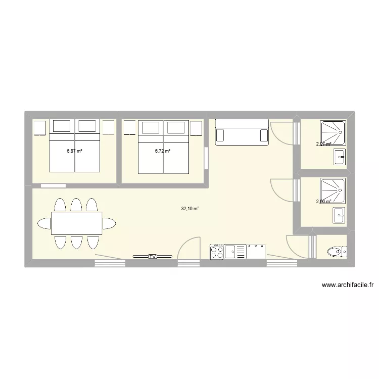 AirBnB. Plan de 5  et 52 m²