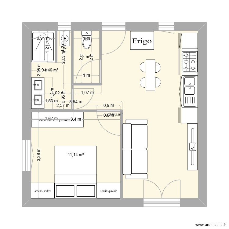 7 x 7. Plan de 4 pièces et 58 m2