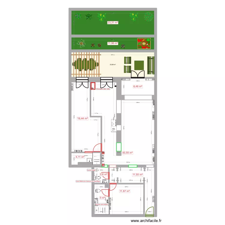 Chauffage Plomberie et sens ouverture des portes. Plan de 11  et 164 m²