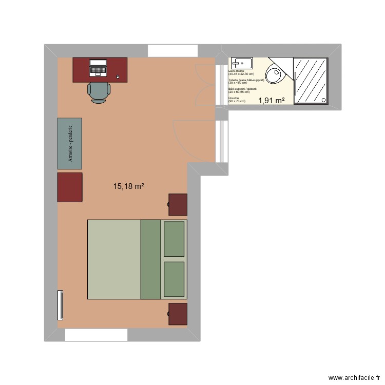 chambre 3. Plan de 2 pièces et 17 m2