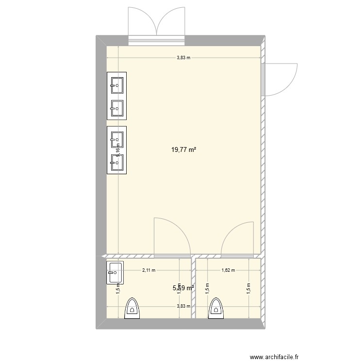 Salle d'eau SJE. Plan de 2 pièces et 25 m2