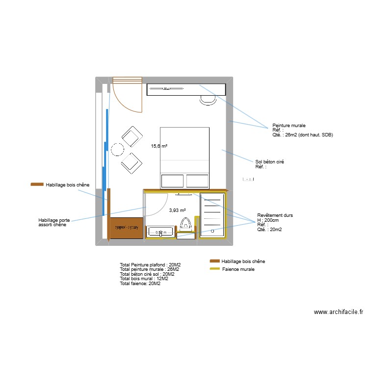 Roc Mer Studio - Revêtements. Plan de 2 pièces et 20 m2