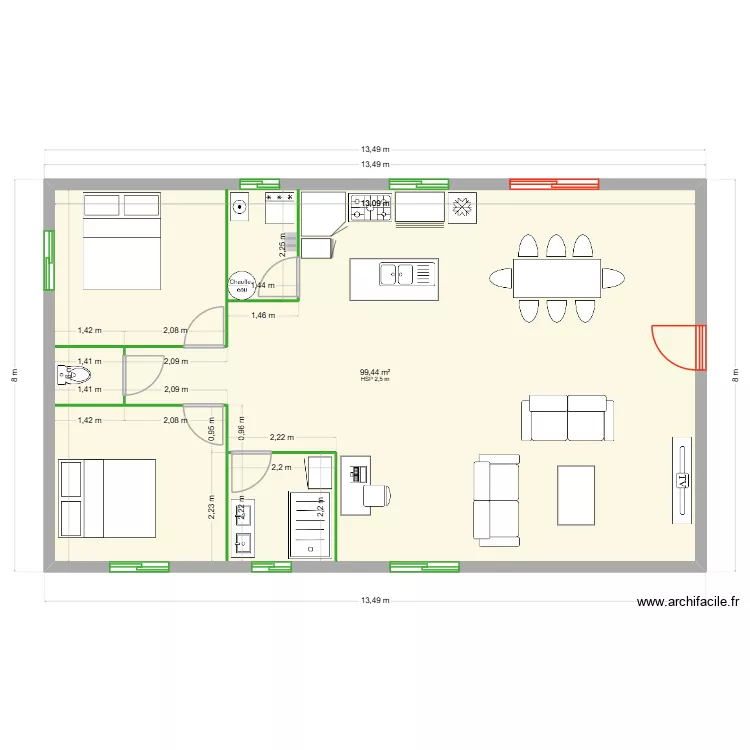 VILLA 13.5 X 8. Plan de 1  et 99 m²
