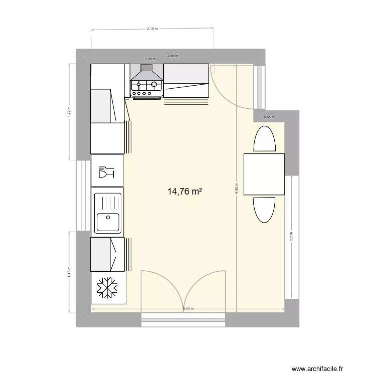 Cuisine Chamaka v2. Plan de 1  et 15 m²