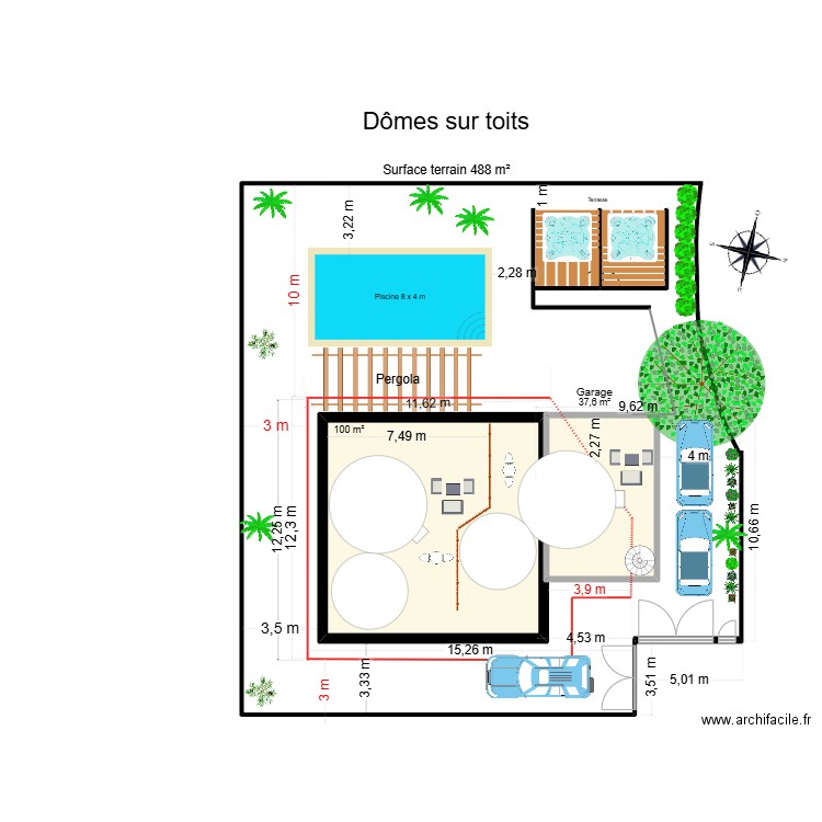 Dômes sur toit Clos Bécassines. Plan de 2 pièces et 138 m2