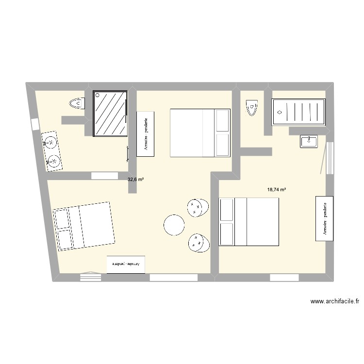 chambres dépendance. Plan de 2 pièces et 51 m2