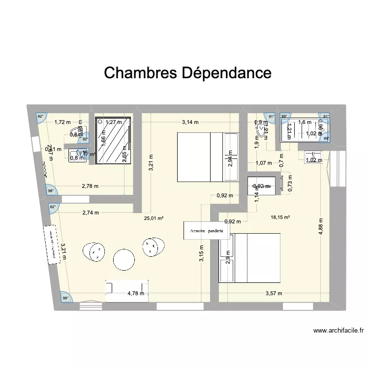 chambres d&eacute;pendance. Plan de 3 pièces et 51 m²