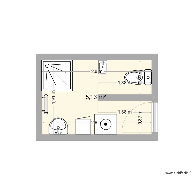 SALLE DE BAIN ET WC. Plan de 1 pièce et 5 m2