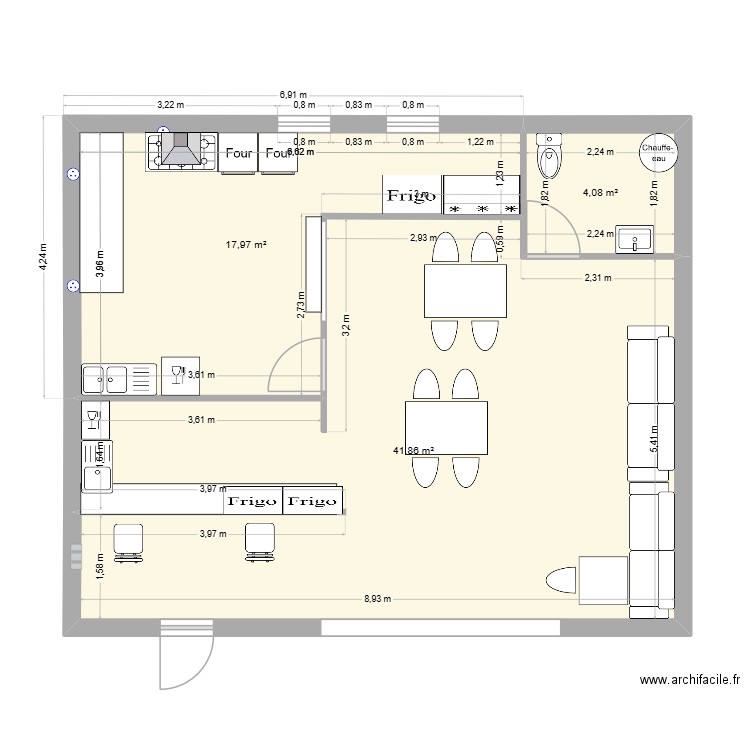 restaurant meublé banquette. Plan de 3 pièces et 64 m2