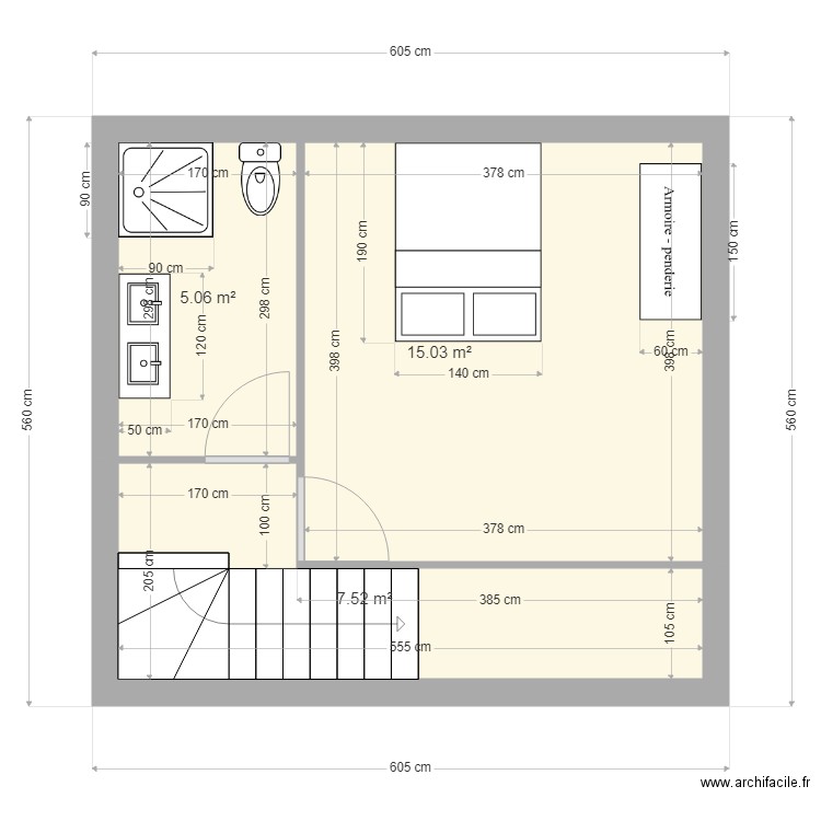 Etage chambre + salle de bains + wc. Plan de 3 pièces et 28 m2