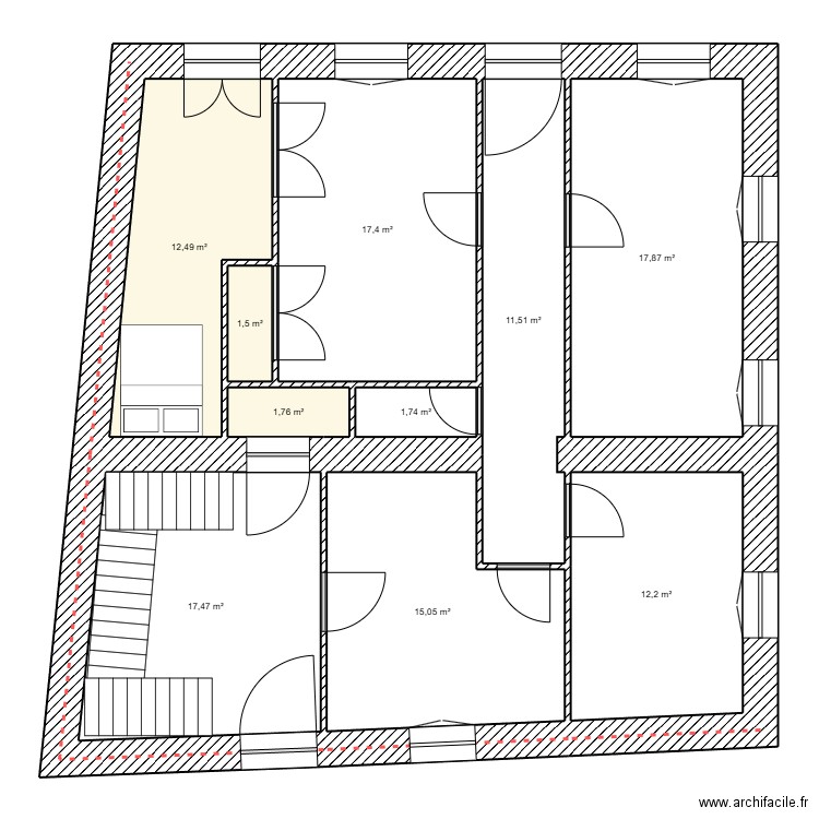 rdc Bâtiment 1 base. Plan de 10 pièces et 109 m2