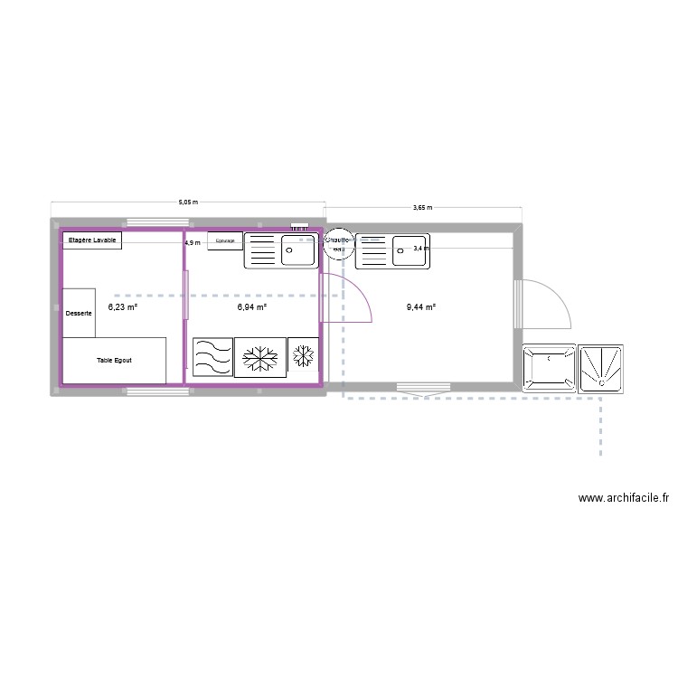 Fromagerie. Plan de 3 pièces et 23 m2
